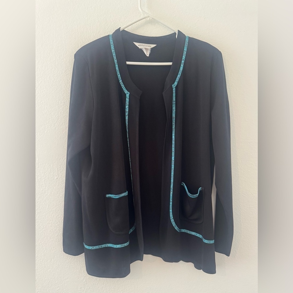 Exclusively Misook Knit Cardigan Blue Trim Career Office Mature Size XL